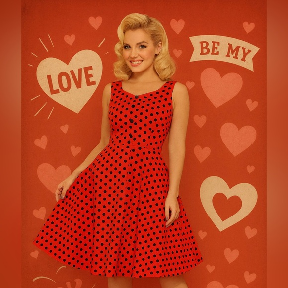 Unique Vintage Orchid Bloom 1950s Red & Black Polka Dot Fit & Flare Swing Dress - Picture 6 of 16